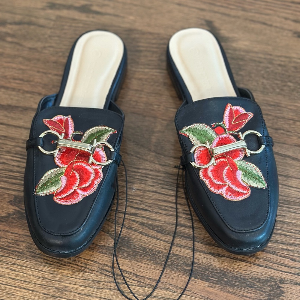 Forever 21 Black Mules with Red Floral Embroidery